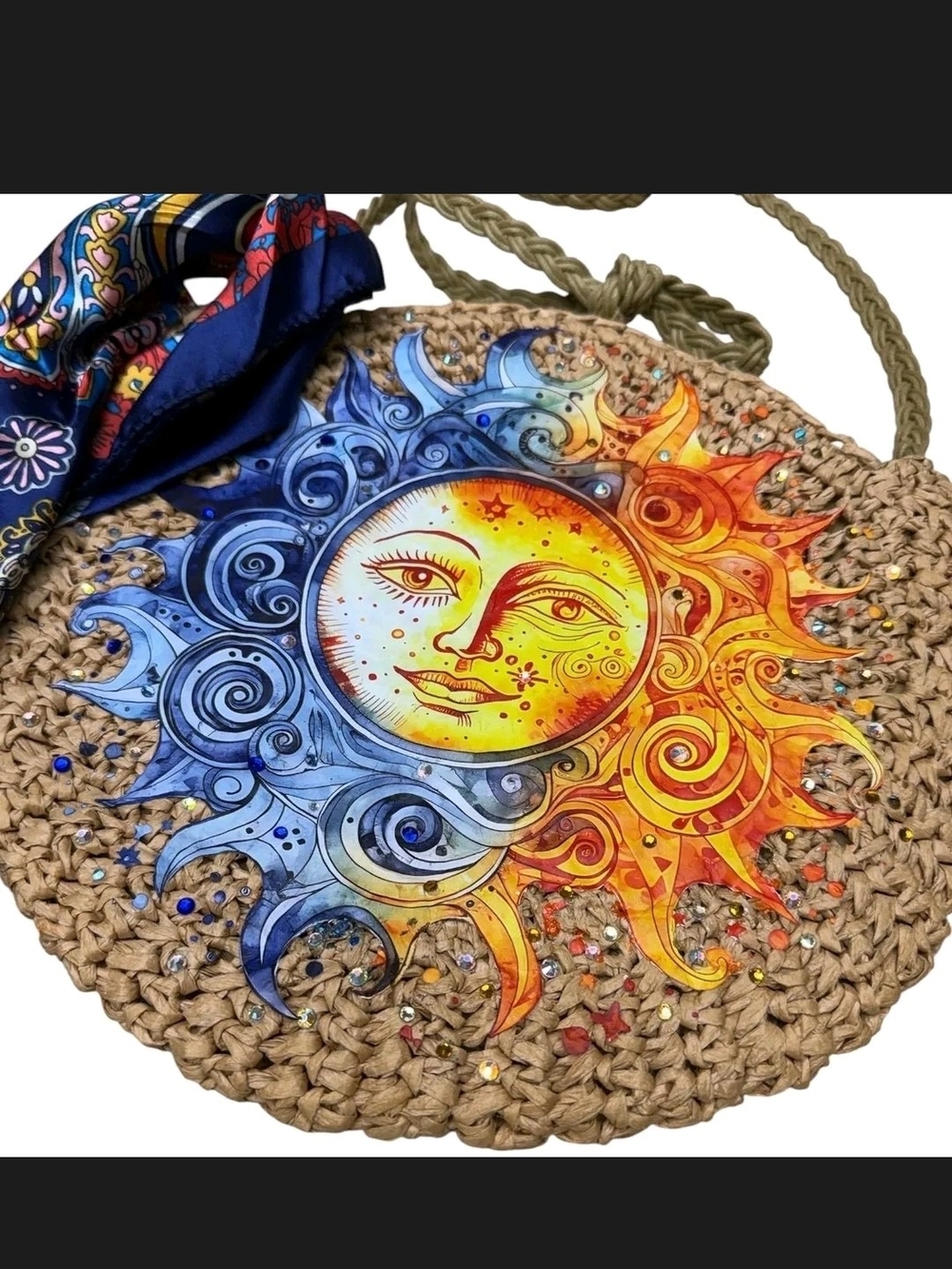 Sun & Moon Round Woven Shoulder Bag - Blue & Orange